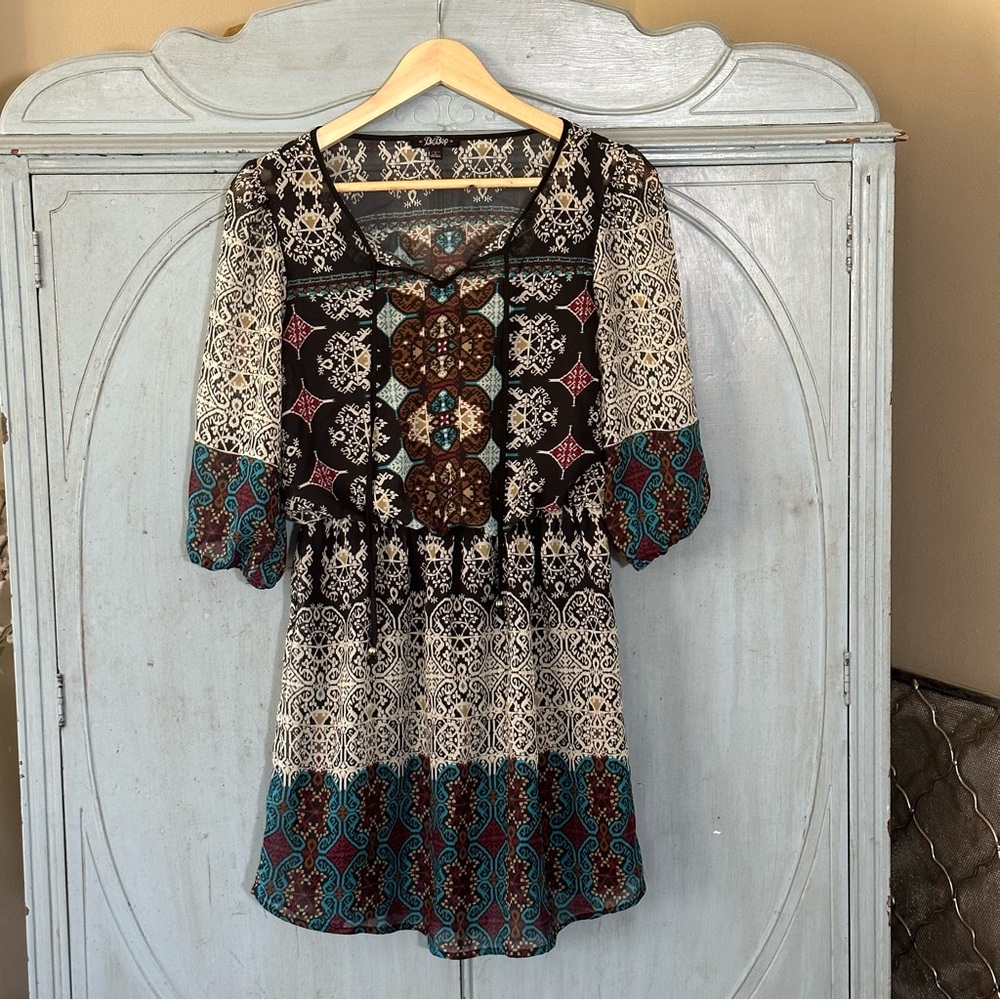 BeBop Women’s boho style Chiffon dress size S 3/4 sleeve Elastic waist & cuf